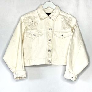 Forever 21 Women’s Distressed White denim jacket. Size small.